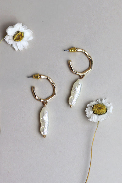 Gold Hoop Long Pearl Earrings