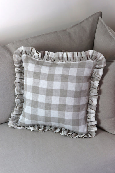 Gingham Check French Linen Frill Ruffle Cushion - Sun and Day Shop
