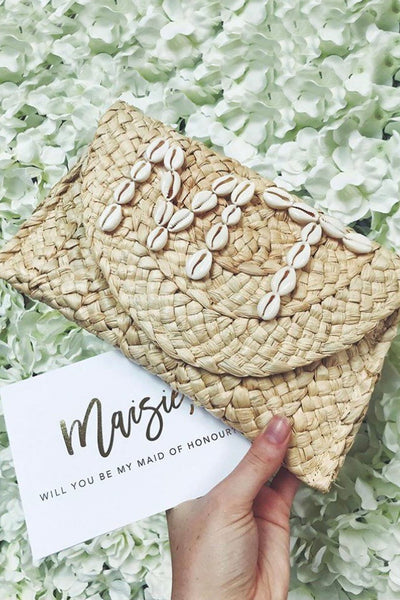 Personalised Cowrie Shell Monogram Woven Straw Clutch Bag - Sun and Day Shop