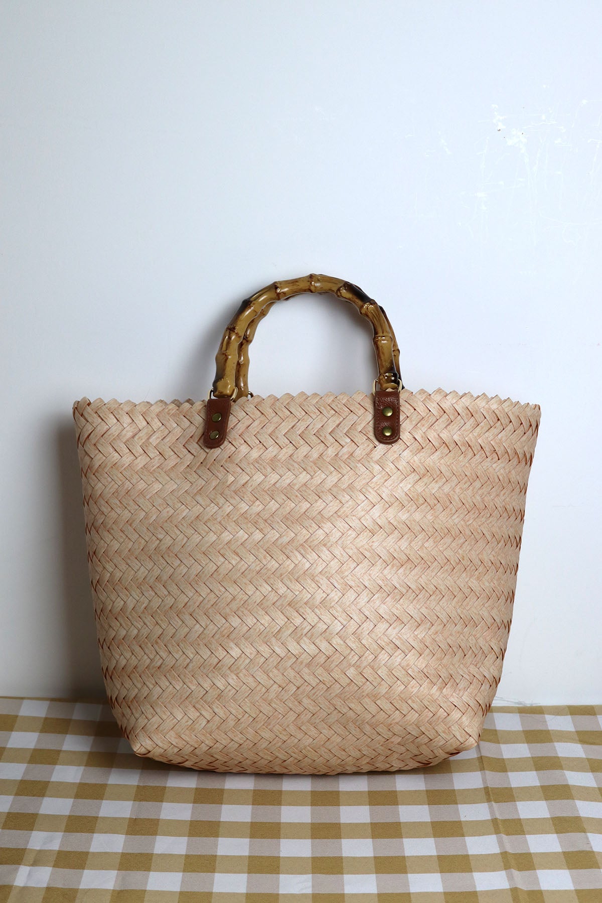 Bamboo Handle Natural Woven Bag