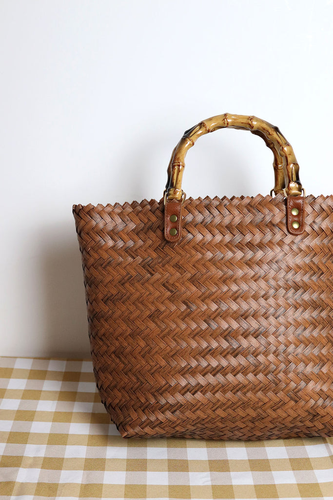 Bamboo Handle Brown Woven Bag