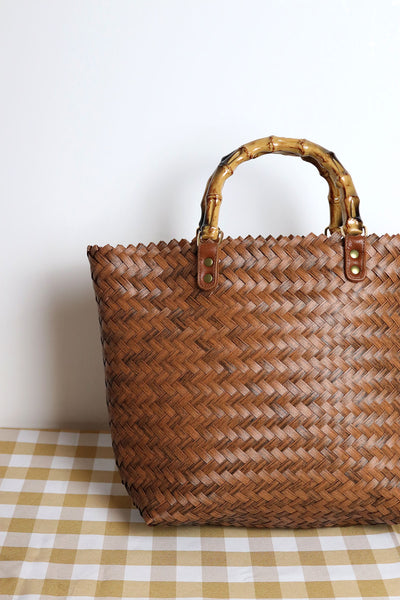 Bamboo Handle Brown Woven Bag