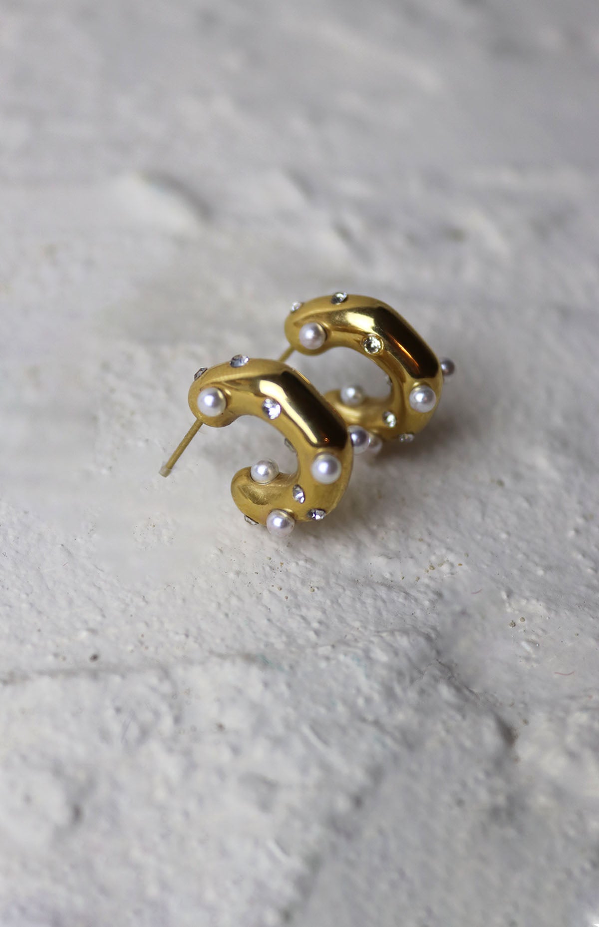 Gold Chunky Diamante & Pearl Hoops