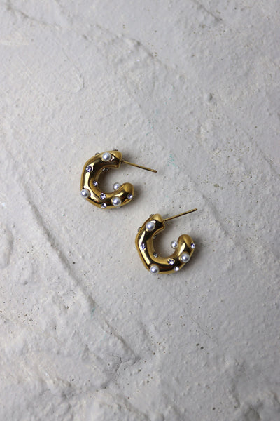 Gold Chunky Diamante & Pearl Hoops
