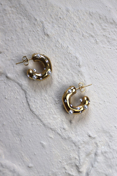 Gold Chunky Diamante & Pearl Hoops