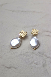 Gold Square Pearl Pendant Earrings