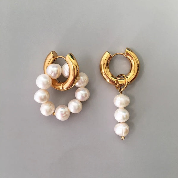 Mismatch Pearl Drop Gold Earrings