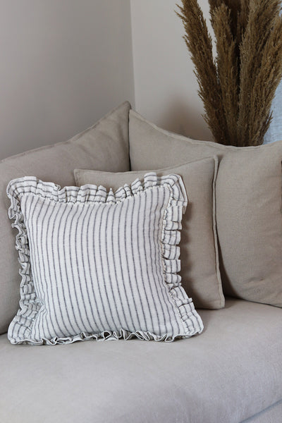 Ivory & Navy Stripe French Linen Frill Ruffle Cushion - Sun and Day Shop