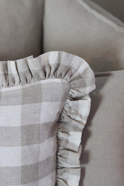 Gingham Check French Linen Frill Ruffle Cushion - Sun and Day Shop