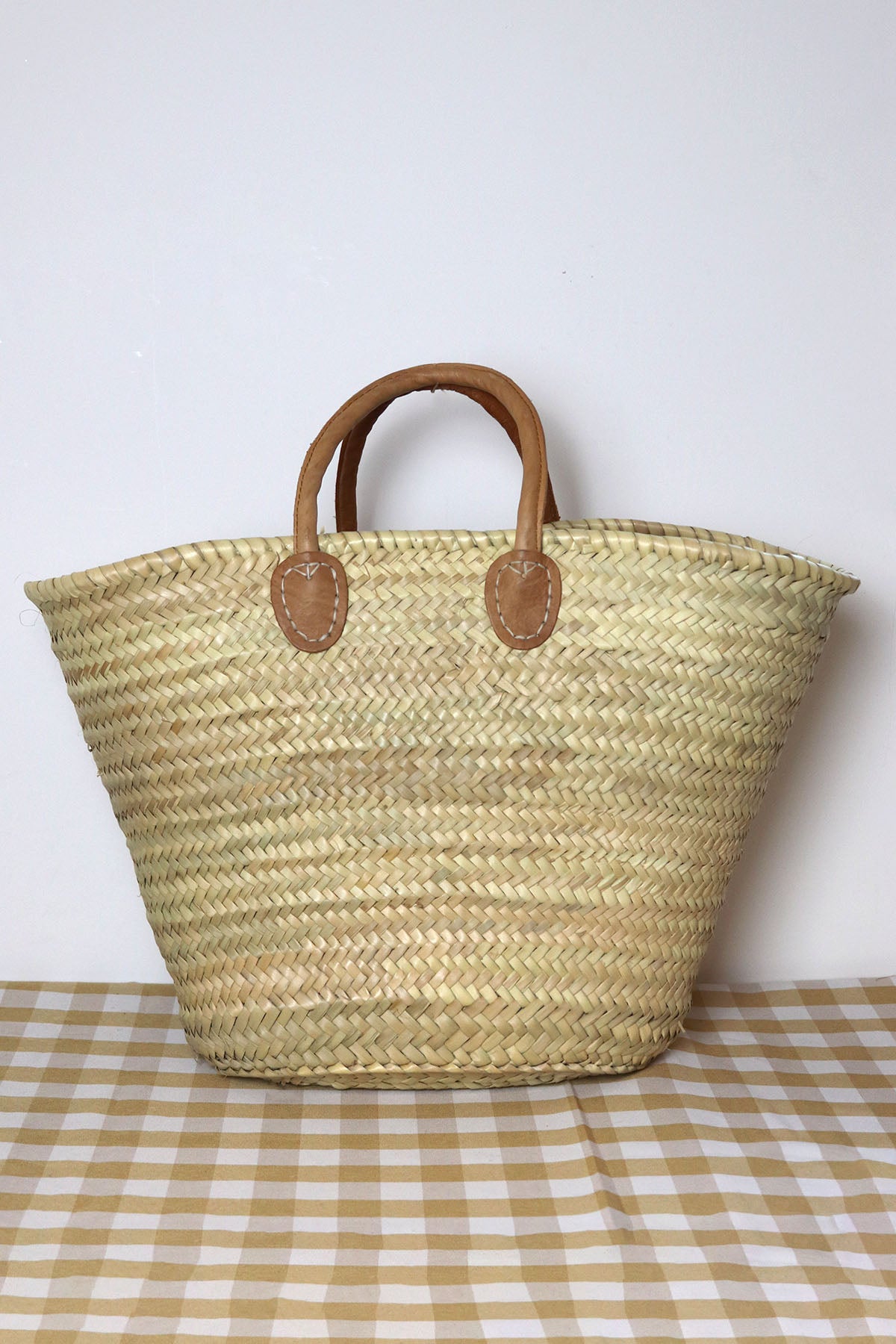 Leather Handle Straw Basket Bag