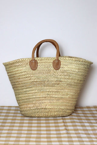 Leather Handle Straw Basket Bag