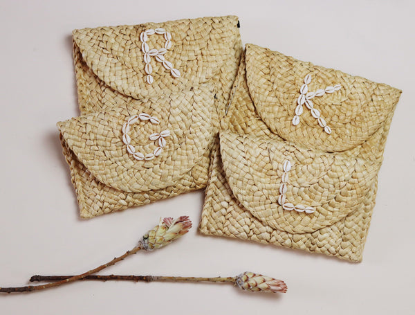 Personalised Cowrie Shell Monogram Woven Straw Clutch Bag - Sun and Day Shop