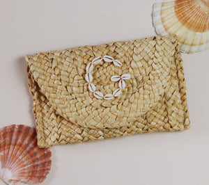 Personalised Cowrie Shell Monogram Woven Straw Clutch Bag - Sun and Day Shop