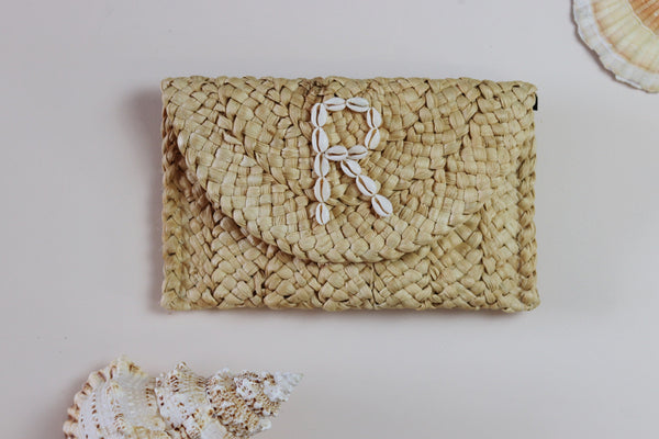 Personalised Cowrie Shell Monogram Woven Straw Clutch Bag - Sun and Day Shop