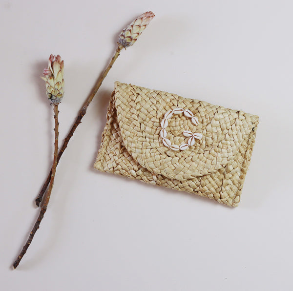 Personalised Cowrie Shell Monogram Woven Straw Clutch Bag - Sun and Day Shop