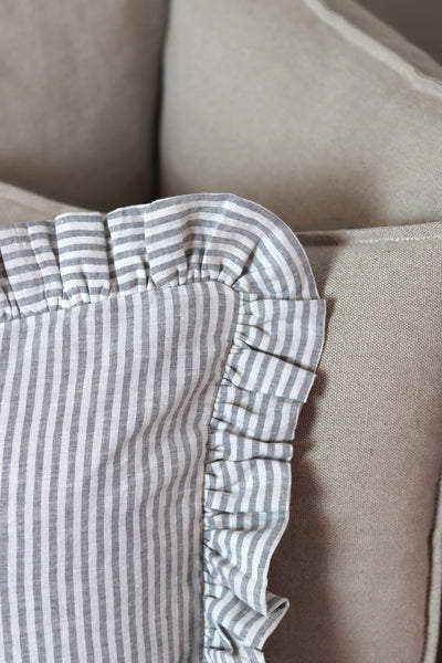 Ticking Stripe French Linen Frill Ruffle Cushion - Sun and Day Shop