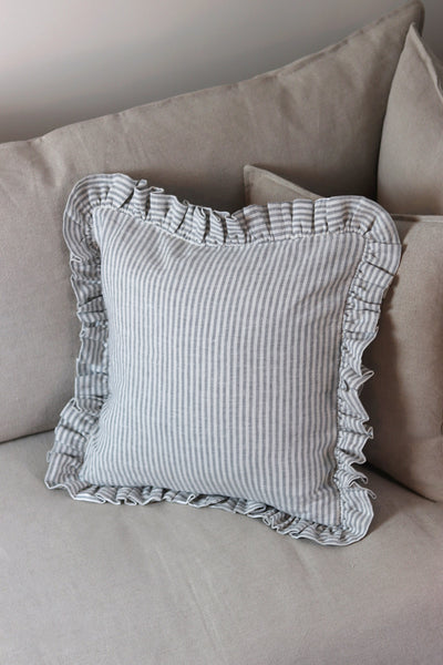 Ticking Stripe French Linen Frill Ruffle Cushion - Sun and Day Shop