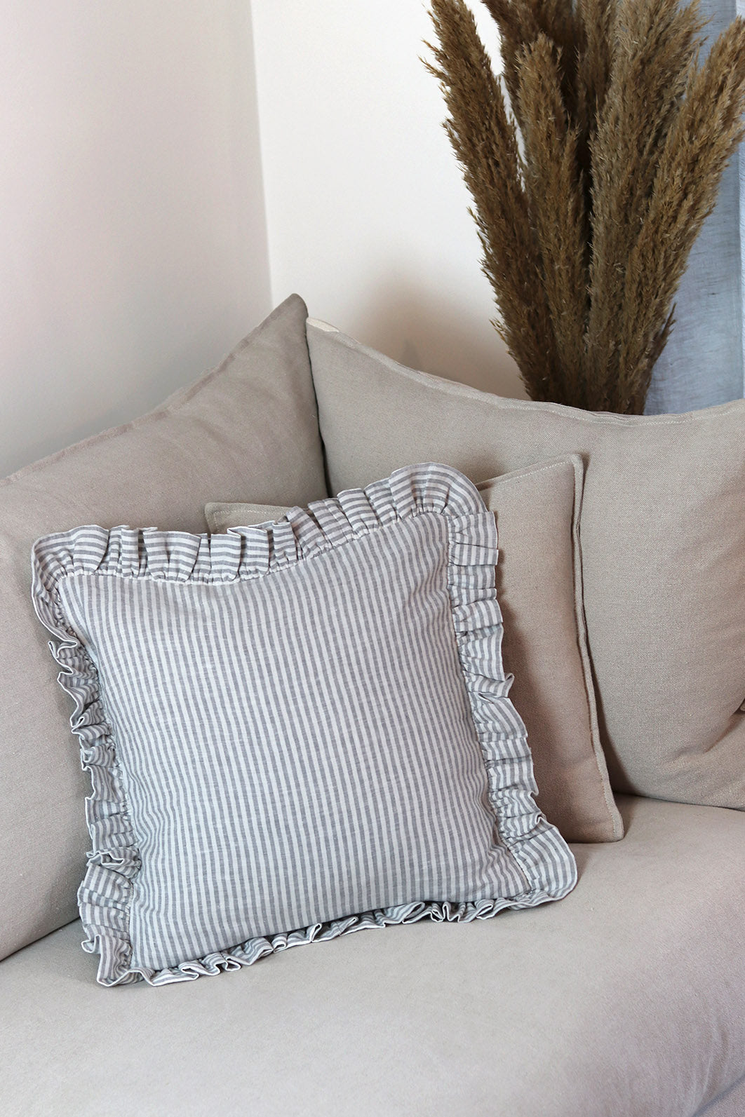 Ticking Stripe French Linen Frill Ruffle Cushion - Sun and Day Shop