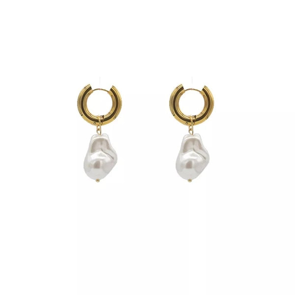 Irregular Pearl Drop Gold Hoop Earrings
