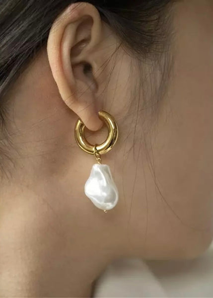 Irregular Pearl Drop Gold Hoop Earrings