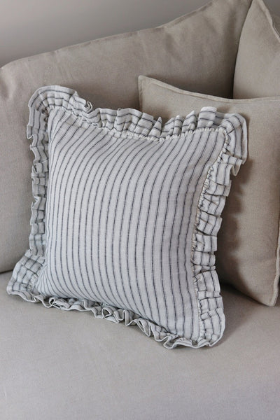 Ivory & Navy Stripe French Linen Frill Ruffle Cushion